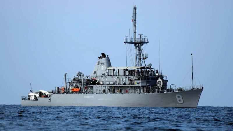 U.S. Navy mine countermeasures ship USS Scout, hull number 8, at sea in the Strait of Hormuz