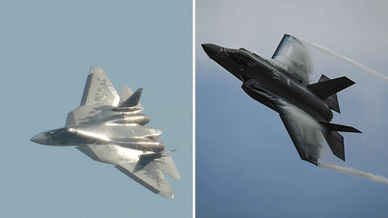 Composite: a Su-57 fighter banking on the left and a U.S. Air Force F-35A banking with wing vapour on the right