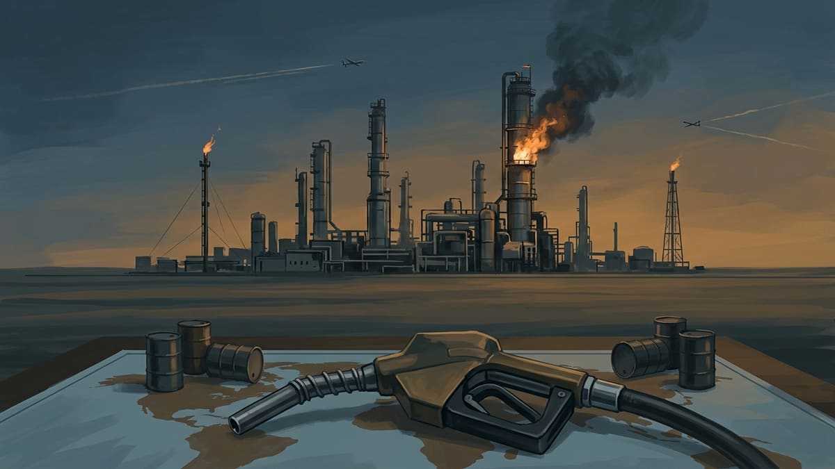 Illustration of a burning oil refinery at dusk with a fuel nozzle and barrels resting on a world map in the foreground.
