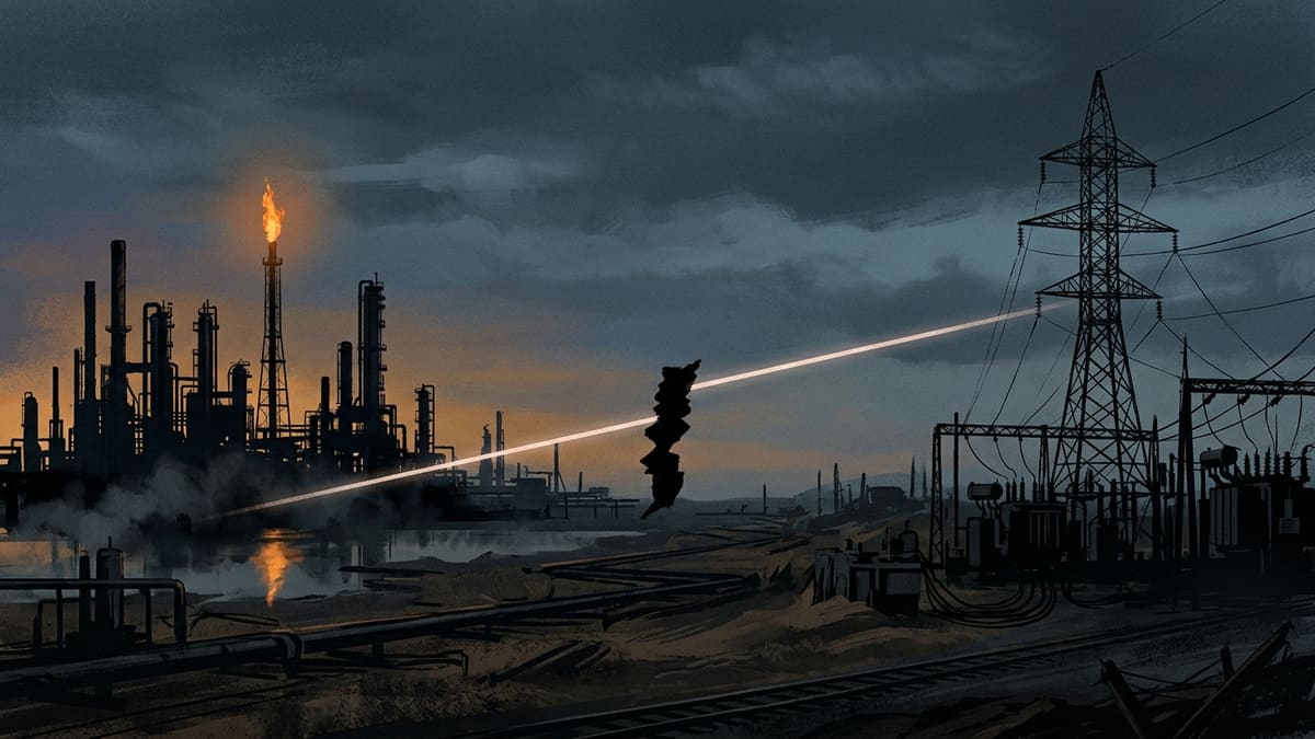 Dark industrial dusk with a refinery flare and a power pylon joined by a broken line of light