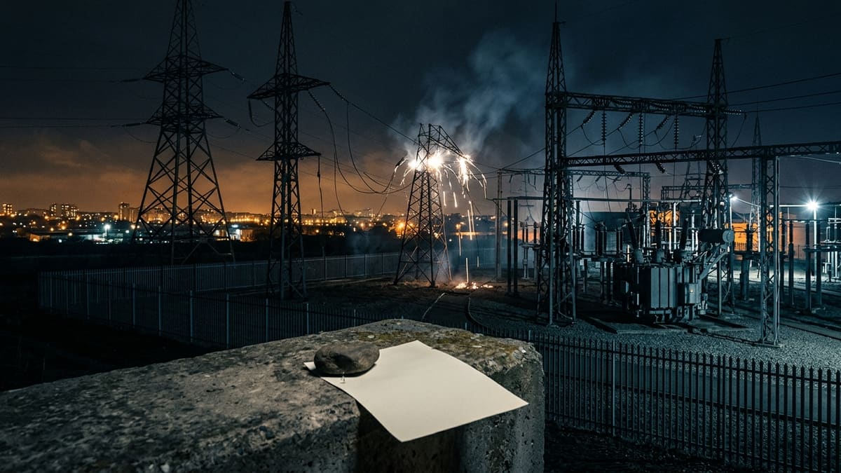 Night substation with a sparking pylon and smoke; a blank sheet pinned under a stone on a ledge in the foreground
