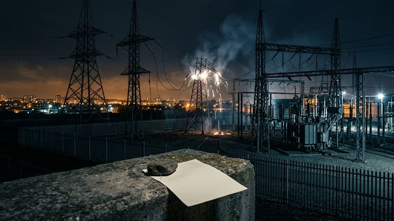 Night substation with a sparking pylon and smoke; a blank sheet pinned under a stone on a ledge in the foreground