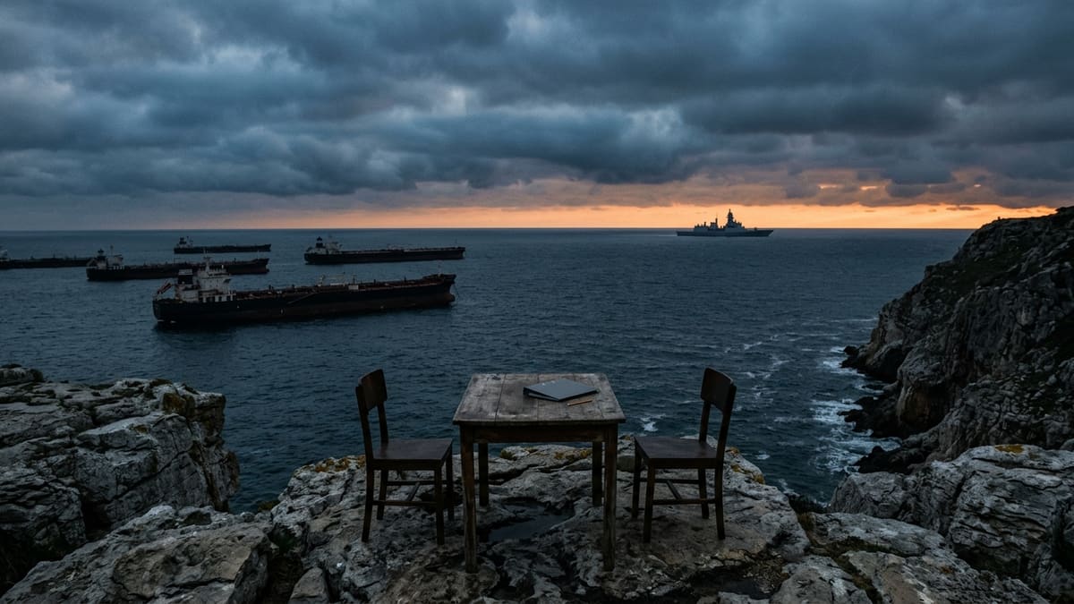 Empty table and two chairs on a rocky headland above a strait where tankers and a warship wait at dusk