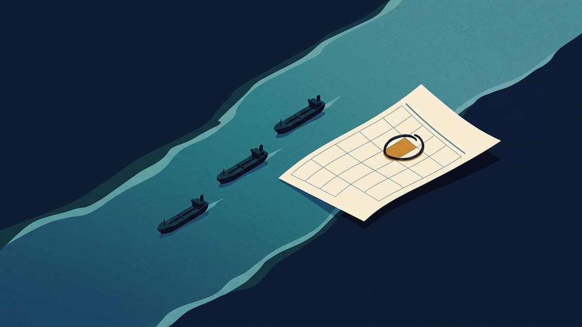 Illustration of three tankers in a narrow sea channel beside a calendar page with one date circled.