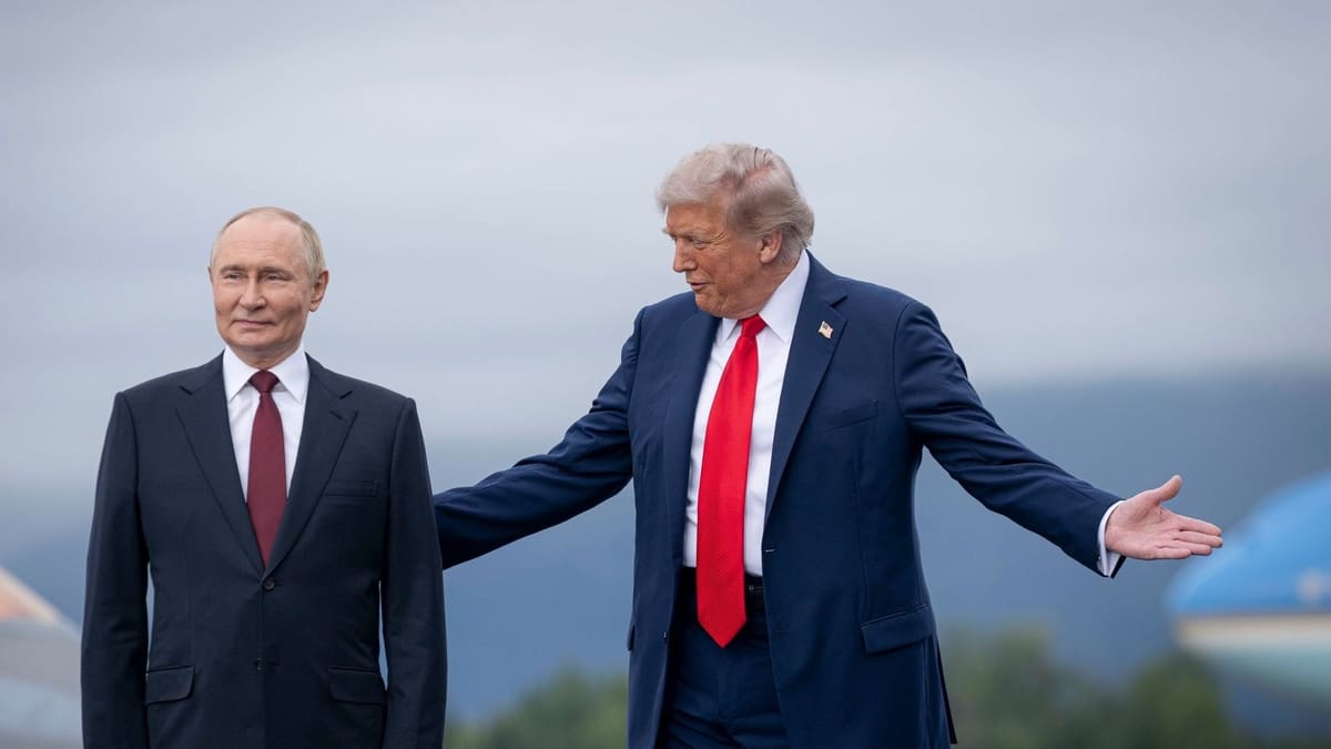 Donald Trump, one arm behind a smiling Vladimir Putin and the other stretched open, on an airfield under grey skies