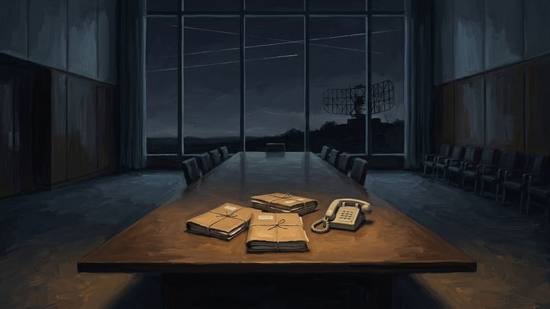 Empty conference table at night with three string-tied paper bundles and a telephone, radar silhouette beyond the window.