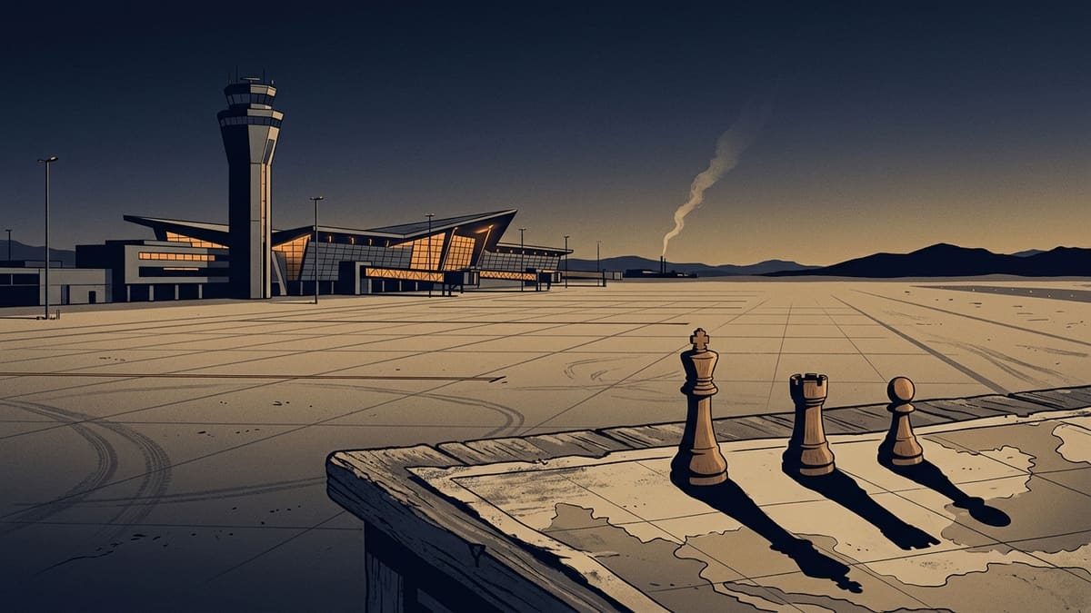 Illustration: empty airport apron at dusk, smoke on the horizon, three chess pieces casting long shadows on a map.
