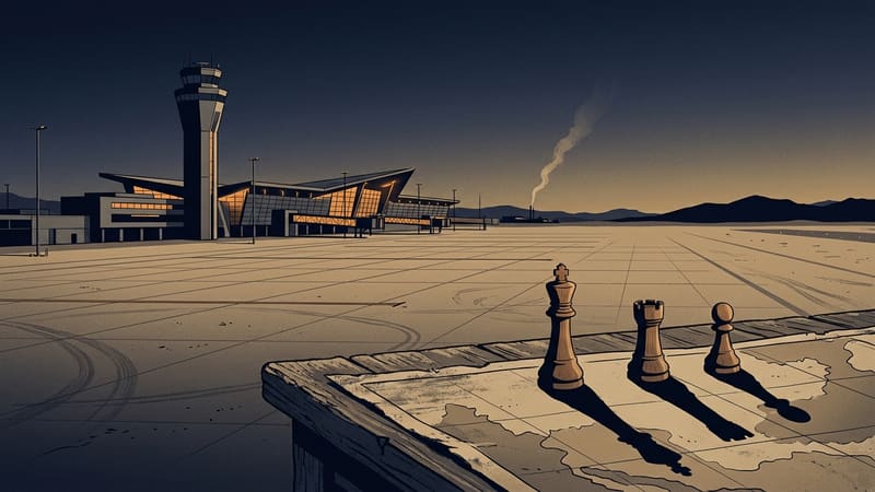 Illustration: empty airport apron at dusk, smoke on the horizon, three chess pieces casting long shadows on a map.