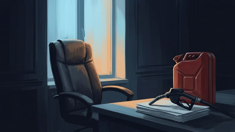 Illustration of an empty office chair in a dim office, with a red fuel can and pump nozzle on the desk.