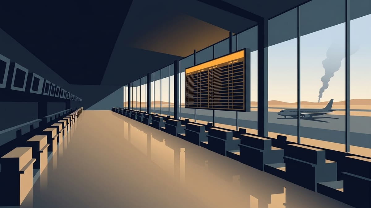 Illustration of an empty airport hall with a flight board, a parked airliner and smoke rising on the horizon.