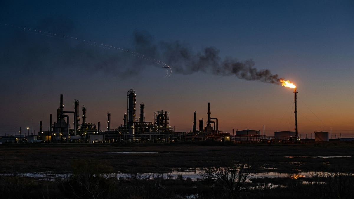 Oil refinery silhouetted at dusk with a burning gas flare and a small aircraft-like shape trailing dotted lights
