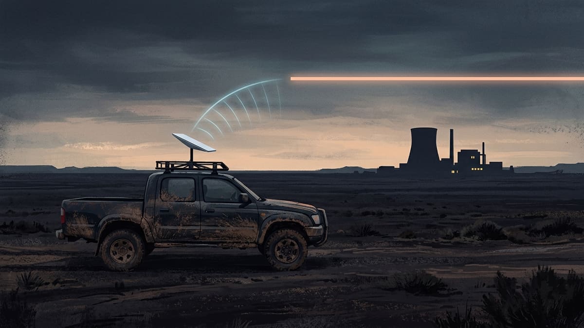 Illustration: a satellite dish on a muddy pickup truck at dusk, its signal cut by a bar of light, a power plant behind