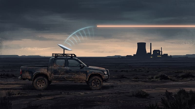 Illustration: a satellite dish on a muddy pickup truck at dusk, its signal cut by a bar of light, a power plant behind