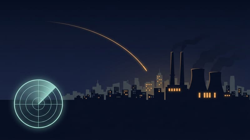 Illustration of an empty radar scope beside a night city skyline and power plant, with a missile trajectory arcing toward it