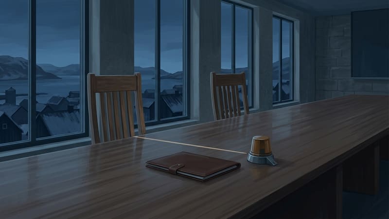 Illustration of an empty conference table with two chairs, a folder and an amber signal beacon by windows at dusk