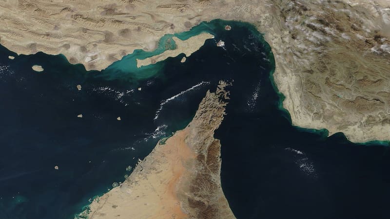 Satellite view of the Strait of Hormuz with the Musandam Peninsula between the Gulf and the Gulf of Oman
