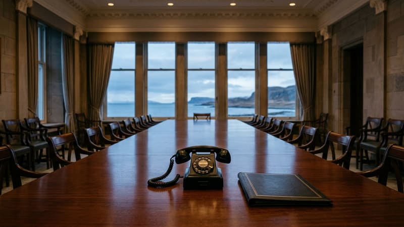 Empty conference table with a black desk telephone and a closed folder before tall windows over a northern coast