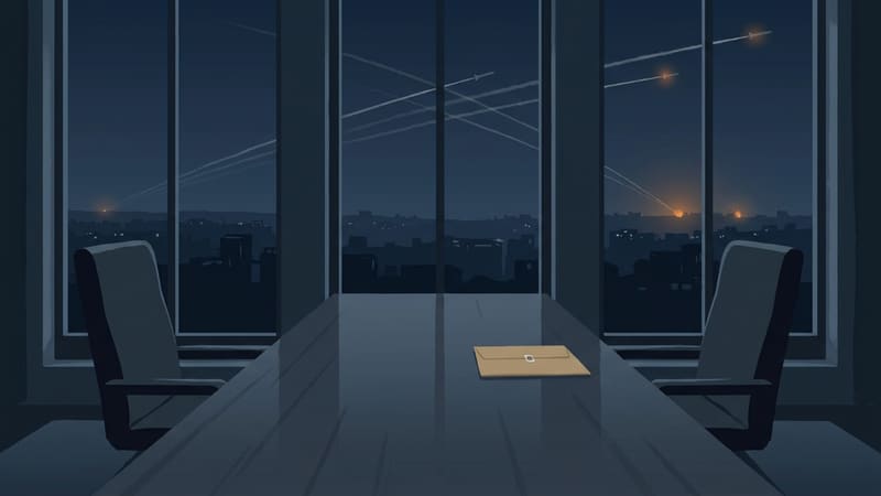 Empty negotiating table with a sealed envelope, night skyline and light trails seen through tall windows