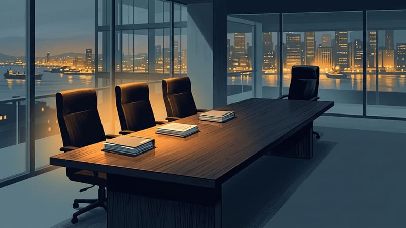 Illustration of a dark conference table with three chairs and papers near, and a fourth chair apart at the far end