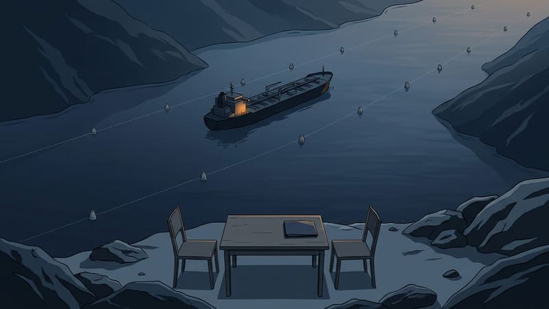 Illustration of an oil tanker idle between buoy lines in a strait, beside an empty table with two chairs.