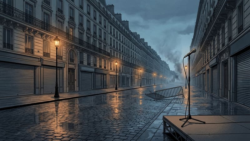 Illustration of a rain-wet Paris street at dusk with shuttered shops, a toppled barrier, smoke and a lone microphone