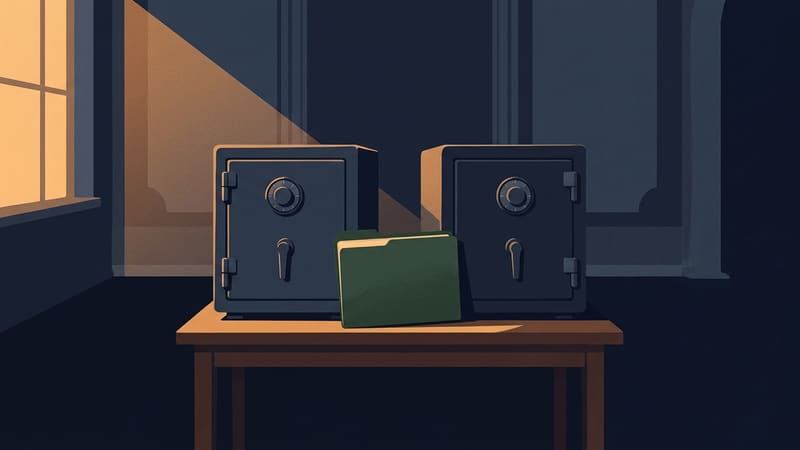 Two matching closed steel safes on a table with a single green folder between them