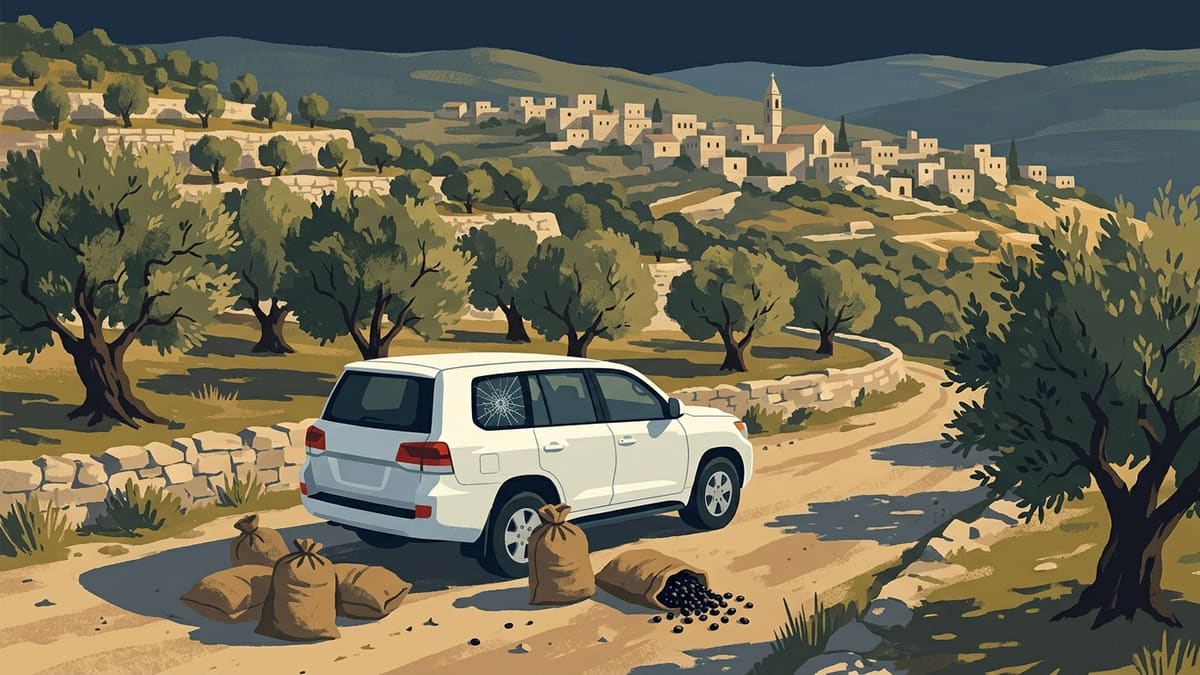 Illustration: white SUV with a cracked rear window and spilled olive sacks on a track through terraced olive groves.