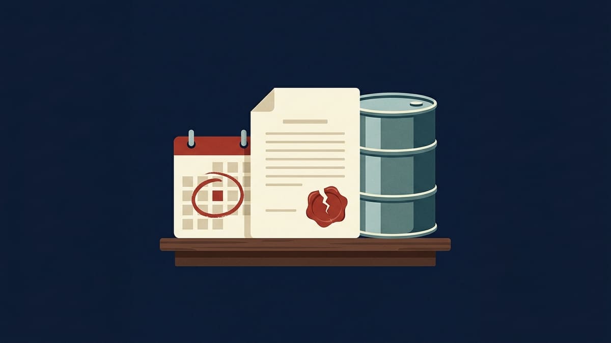 Illustration: a desk calendar with a circled date, a legal document with a cracked wax seal and an oil barrel on a shelf