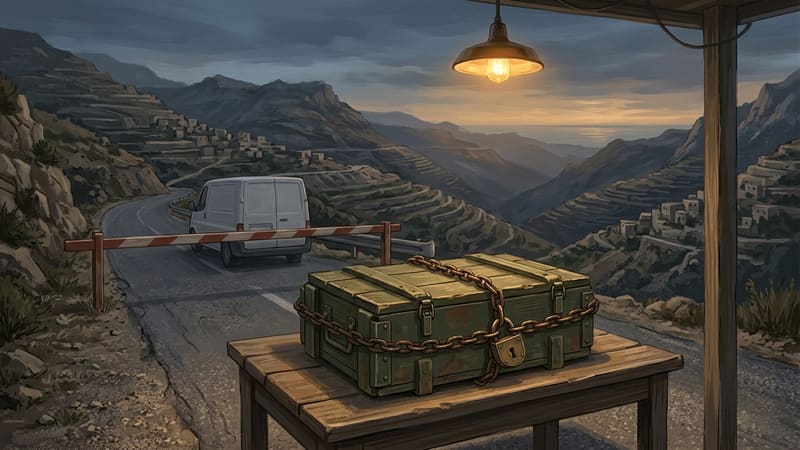 Illustration: chained, padlocked olive-green crate on a table beside a checkpoint barrier on a mountain road at dusk