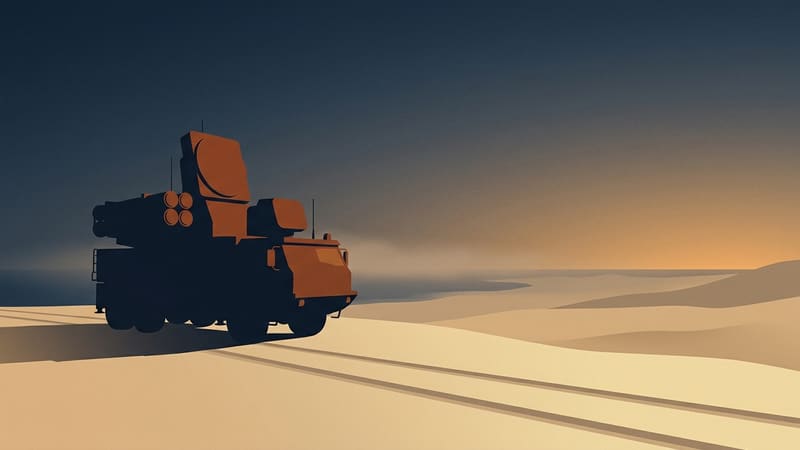 Stylised silhouette of a truck-mounted air-defence radar and missile launcher on a desert dune at dawn.
