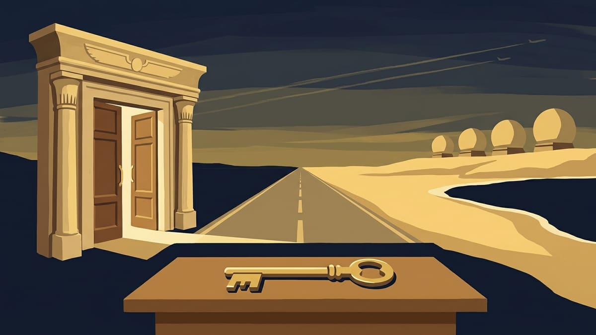 Illustration: open stone doorway, desert road toward distant domes, brass key on a table in the foreground.