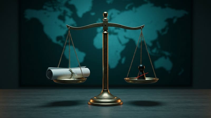 Brass balance scale weighing a rolled document against a black pawn token before a teal world map