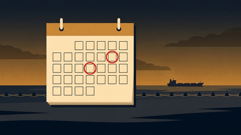 Illustration of a wall calendar with two dates circled in red above a dark sea, a tanker and a line of buoys on the horizon