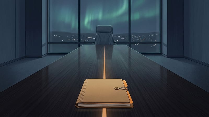 Sealed folder on a long empty conference table, amber light leading to an empty chair before a window with northern lights