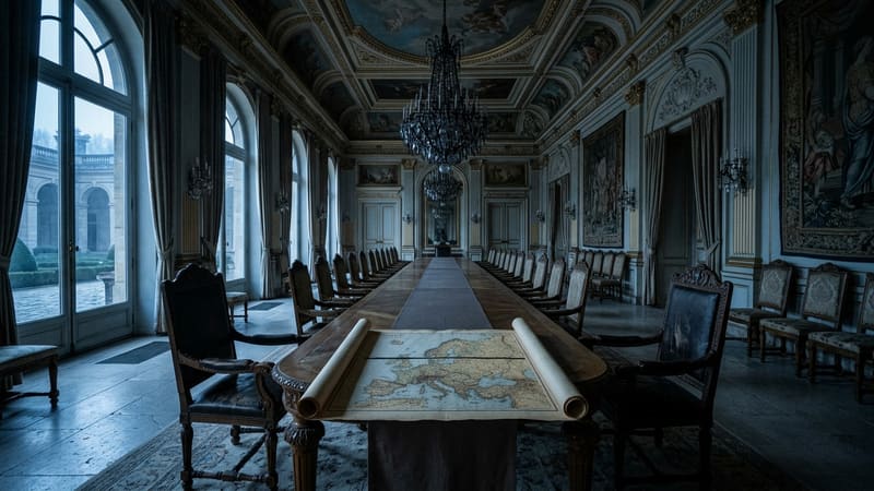An empty negotiating table in a palace hall with a map of Europe unrolled on it