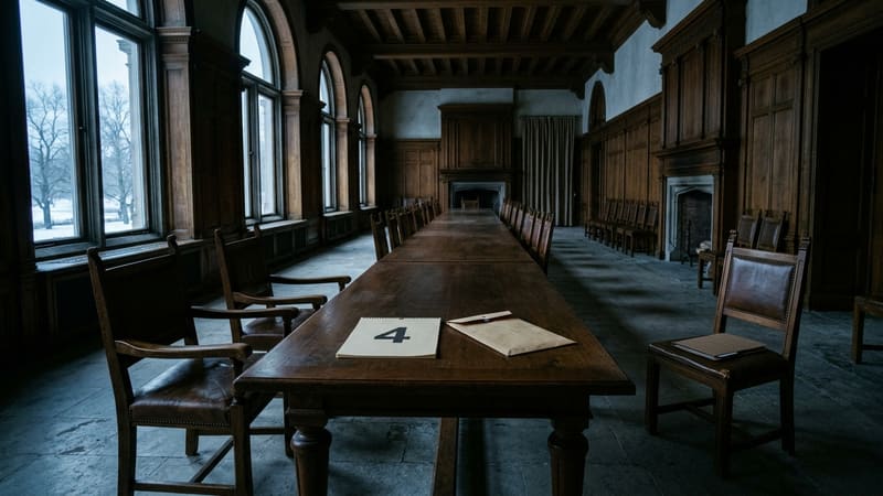 AI-generated illustration: empty wooden negotiating table in a dim hall, a pad showing the number 4 and a sealed envelope