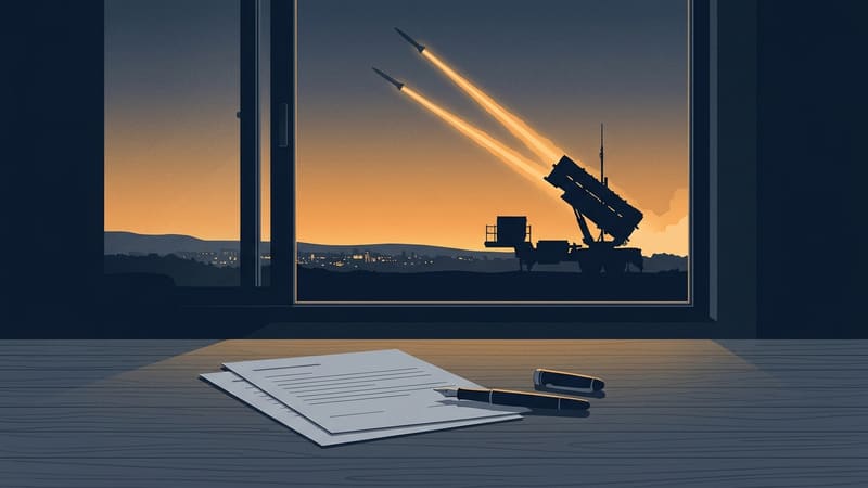 Unsigned papers and a pen with its cap beside it on a night desk; an air-defense launcher fires two missiles outside
